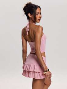 SHEIN BAE 女士纯色露脐吊带背心和荷叶边迷你裙性感时尚套装 - 粉色 - 查看 2