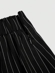 DreamSkyne Plus Size Women Striped Overlap Waist Exaggerated Metal Buckle Decor Elastic Waist Loose Wide Leg Pants, Casual Versatile Design For Daily Wear And Commuting Stripe Pants Palazzo Pants Women - Black - View 7