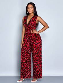 SOLERSUN Women's Contrast Lace Leopard Print Deep V Sleeveless Wide Leg Jumpsuit, Elegant For Commuting And Casual Dating, Sexy & Romantic - Red - View 6