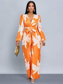 SOLERSUN Bộ jumpsuit ống rộng tay phồng in họa tiết toàn thân thanh lịch, thích hợp mặc hàng ngày. - trái cam - Xem 6