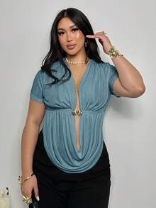 Firerie Plus Size Elegant Casual Sexy Draped Neck Sleeveless Top With Metal Buckle Decor And Side Slit, Suitable For Spring/Summer Beach, Going Out Tops - Baby Blue - View 5