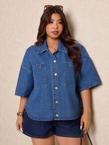 Elaquor 大码蓝色牛仔衬衫，休闲短袖衬衫，宽松牛仔上衣，经典夏季休闲款 - 藍色 - 查看 5