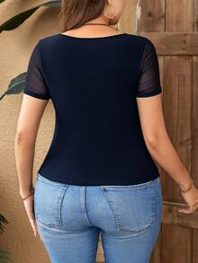 SHEIN Privé Women's Plus Size Plain Navy Blue Sweetheart Ruched Bust Short Sleeve Casual T-Shirt Women Tops Elegant - Navy Blue - View 2