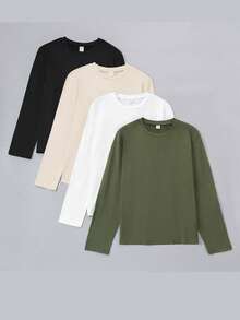 Vacaura 4件装高性价比青少年（男）T恤，黑色、灰色、白色、卡其色，4种颜色可选，4件套百搭休闲T恤套装 - 彩色 - 查看 4