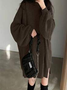 EMERY ROSE 女式纯色高领开衩宽松时尚毛衣裙