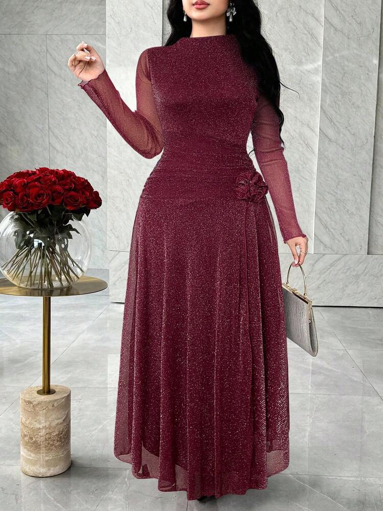 Feyla Long Sleeve Front Slit 3D Floral Elegant Elegant Versatile Party Dress - Burgundy - View 2
