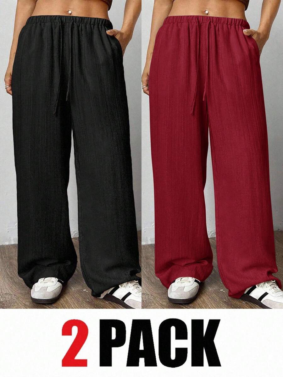 SHEIN EZwear Bộ 2 quần dài nữ cỡ lớn, màu trơn, đỏ rượu vang và đen. - Màu Đỏ Sâu - Xem 1