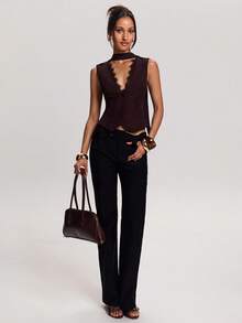 SHEIN BAE Spring Women's Casual Commuter Solid Red-Brown Collar Lace-Trimmed Collar Bow Tie Single-Button Elegant Vest Top Ideal For Casual Commuting, Everyday Wear, And Leisure Outings Stylish Vest Top Design Perfect For Valentine's Day Wear - Rust Brown - View 5