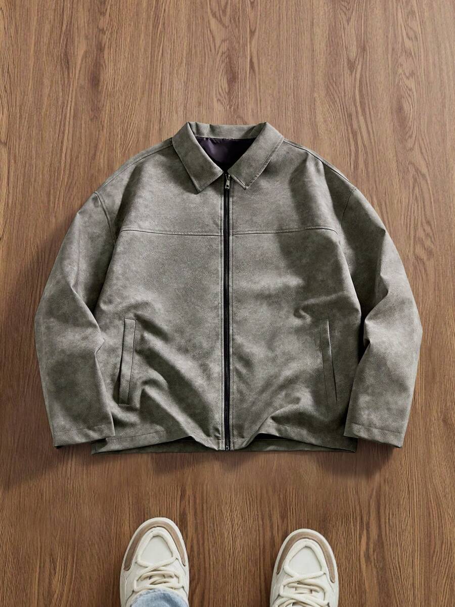 EASEVO Plus Size Men Casual Vintage Distressed Jacket - Grey - View 1