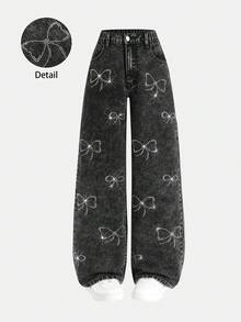 SHEIN Teen Girl All-Match Casual Versatile Butterfly Rhinestone Embellished Straight Leg Stone Wash Elastic Waist Wide Leg Jeans Teen Bow Pants