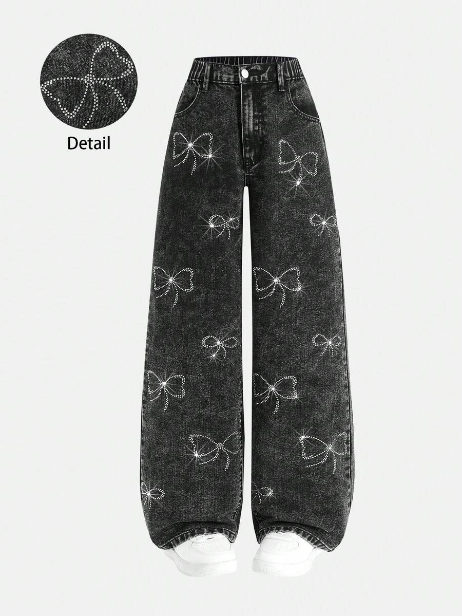 SHEIN Teen Girl All-Match Casual Versatile Butterfly Rhinestone Embellished Straight Leg Stone Wash Elastic Waist Wide Leg Jeans Teen Bow Pants