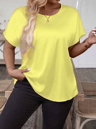 EMERY ROSE Plus Size Plain Simple Round Neck Short Sleeve Shirt Solid Color Tops Yellow Summer Tops Yellow Shirt Women Yellow Plus Size Top Yellow T Shirt