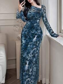 Feyla 女士碎花印花不对称领口荷叶边优雅连衣裙长款晚礼服 - 藏蓝色 - 查看 2