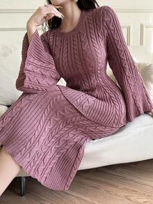 Modelyn Conjunto de 2 piezas de suéter de manga de campana de unicolor casual y falda de punto para mujer, otoño/invierno - Rosa - Ver 2