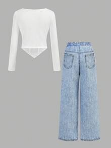 SHEIN Girlism 少女休闲街头风修身不对称下摆长袖T恤和宽松阔腿牛仔印花涂鸦图案裤两件套，返校季，甜美酷女孩，时尚个性，女孩套装 - 藍白色 - 查看 2