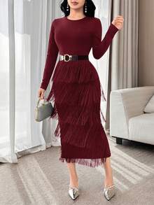 Modelyn Elegant Tassel Decor Solid Color Round Neck Long Sleeve Fitted Dress For Women Maroon Dress Fringe Dress Red Wine Dress Long Sleeve Elegant Dress - Burgundy - View 2
