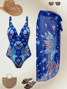Swim Oasis Conjunto de traje de baño de una pieza con estampado de loro de lujo para resort del sur de Francia, con falda pareo - Multicolor - Ver 1