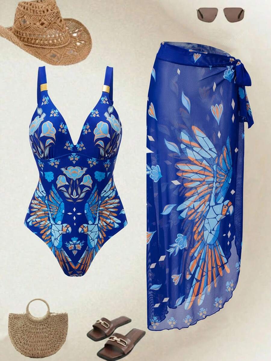 Swim Oasis Conjunto de traje de baño de una pieza con estampado de loro de lujo para resort del sur de Francia, con falda pareo - Multicolor - Ver 1