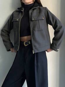 Chaqueta para Mujer con Gorra Integrada, Bolsillos de Trabajo y Cierre Zipper, Estilo Casual - Gris Oscuro - Ver 2