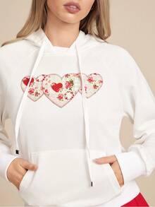 WESTFADE Patchwork Heart Hooded Drawstring Loose Fit Long Sleeve Pullover Sweatshirt Hoodie Winter, Spring, Resort, Valentine's Day, Cute, Boho, Nashville, Cowgirl, Western Wear, Vacation - White - View 6