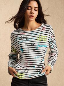 Easelle 女士字母条纹印花圆领休闲宽松长袖T恤 - 彩色 - 查看 5