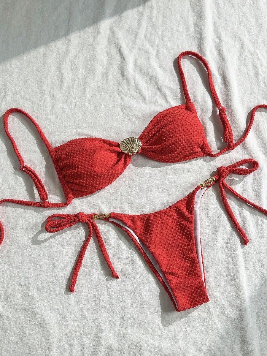 Swim Chiccia 女士夏季沙滩套装，纯色提花面料吊带性感比基尼套装，饰有贝壳金属装饰 - 紅色 - 查看 1