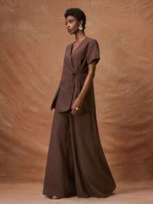 Zivah 女士纯色交叉系带露脐上衣搭配松紧腰阔腿裤度假派对套装 - 棕色 - 查看 5