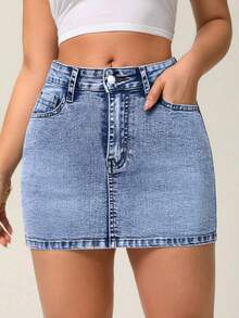 SHEIN PETITE Jupe en jean mini avec poches, style casual de rue pour femmes