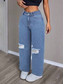 SHEIN PETITE Quần jeans nữ màu trơn, thích hợp mặc hàng ngày. - Rửa nhẹ - Xem 1