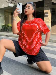SHEIN EZwear 大码女式圆领落肩短袖休闲宽松扎染爱心T恤 - 亮橙色 - 查看 4