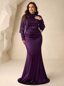 Coutiva Plus Size Elegant Long Sleeve Embroidered Cape With Pearl Rhinestone Design Hem Mermaid Skirt With Side Draping Design Suitable For Mother Of The Bride Dress, Wedding Guest Dress, Formal Dinner Dress Valentines Dress Elegant Dress Sequin Dress Floral Dress - Purple - View 5