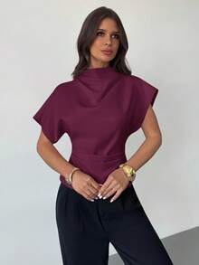 Firerie Crinkle Collar Asymmetrical Sleeve Side Ruched Cinched Waist Commuter Apricot Bamboo Linen Fabric Women Shirt, All Season - Red Violet - View 3
