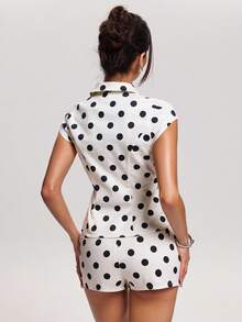 SHEIN BAE Spring/Summer Women's Casual Resort Wear Black & White Polka Dot Print Front Zipper Shirt Top Versatile, Perfect For Commuting And Everyday Wear, Hanging Out With Friends, Or Casual Outings. White Polka Dot Shirt Top, White Polka Dot Top, Workwear, Practical And Slimming Top, Black And White Polka Dots, Casual Streetwear Top. - White - View 2