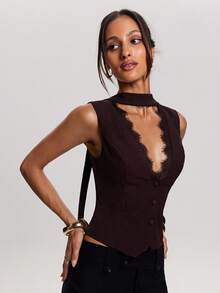 SHEIN BAE Spring Women's Casual Commuter Solid Red-Brown Collar Lace-Trimmed Collar Bow Tie Single-Button Elegant Vest Top Ideal For Casual Commuting, Everyday Wear, And Leisure Outings Stylish Vest Top Design Perfect For Valentine's Day Wear - Rust Brown - View 3