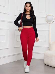 Rivivi Women's Solid Color Casual Denim Jeans - Red - View 5