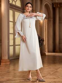Al Najma Women's Rhinestone Decor Tassel Tie Neck Long Sleeve Elegant Arabic Style Dress - Apricot - View 4