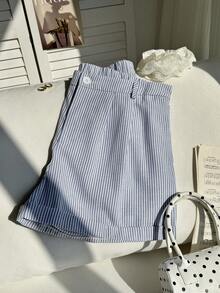 Comfortcana Plus Size Blue Striped Casual Shorts, Fashionable And Suitable For Everyday Wear, Spring