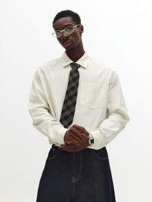 SUMWON 短款细条纹长袖衬衫，配格子领带，复古风秋季休闲纽扣衬衫 - 白色 - 查看 3