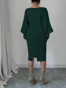 Elenzga 大码优雅船领串珠灯笼袖毛衣连衣裙 - 綠色 - 查看 2