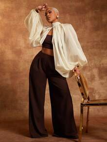 Vixey Blusa de manga globo con abertura en el bajo, de tela de gasa transparente - Albaricoque - Ver 3