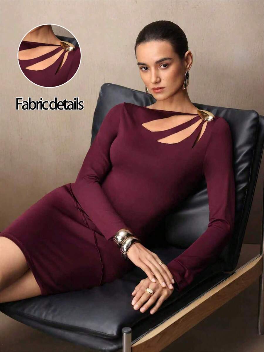 Modelyn Fashionable Hollow Laser Cut Metal Buckle Long Sleeve Women Short Dress - Burgundy - View 1