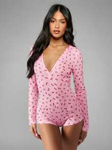 MISSGUIDED Cherry Print Pointelle Long Sleeve Deep V-Neck Romper Playsuit Spring Summer Casual Lounge Sleepwear Jumpsuit - Pink - View 4