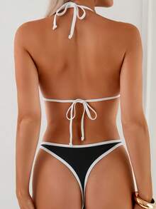 Oceva Women's Sexy Backless Contrast Binding Halter Split Bikini Set, Beach Holiday Style - Multicolor - View 2