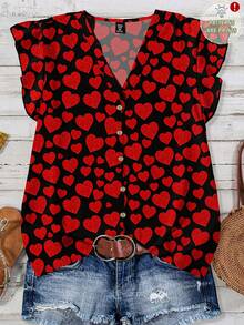 EMERY ROSE Áo sơ mi dáng rộng in hình trái tim lấp lánh cỡ lớn, thích hợp cho tiệc tùng - Nhiều màu - Xem 1