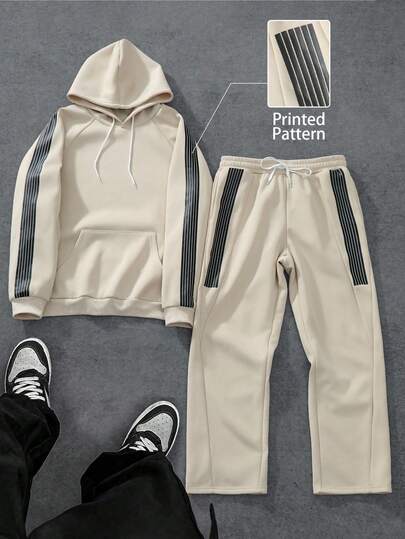 Manfinity EMRG 2 piezas Conjunto casual de hombre con sudadera con capucha de manga raglán y pantalones a rayas con parches, traje deportivo de otoño, incluye 2 piezas, diseño con parches, conjunto de 2 piezas para hombre, conjunto de pantalones de chándal