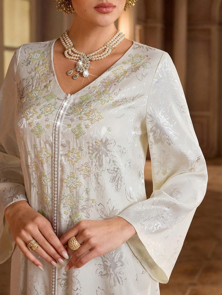 Al Najma Women's Floral Beaded V-Neck Long Sleeve Elegant Arabic Dress - Multicolor - View 1