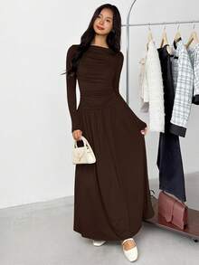SHEIN Teen Girl Casual Minimalist Comfortable Long Sleeve Cinched Waist Mid-Length Dress - Brown - View 5
