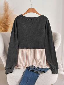 CosyJoli Camiseta de manga larga con cuello redondo, estilo casual, de talla grande, con rayas, parches y estampado floral nevado lavado, para primavera - Multicolor - Ver 2