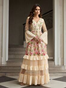 ZEYLAH 女士时尚玫瑰刺绣连衣裙 - 杏色 - 查看 4