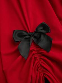 Sweetra 大码优雅复古可爱公主风甜心领蝴蝶结长袖撞色拼接长连衣裙，秋冬款 - 紅色 - 查看 5